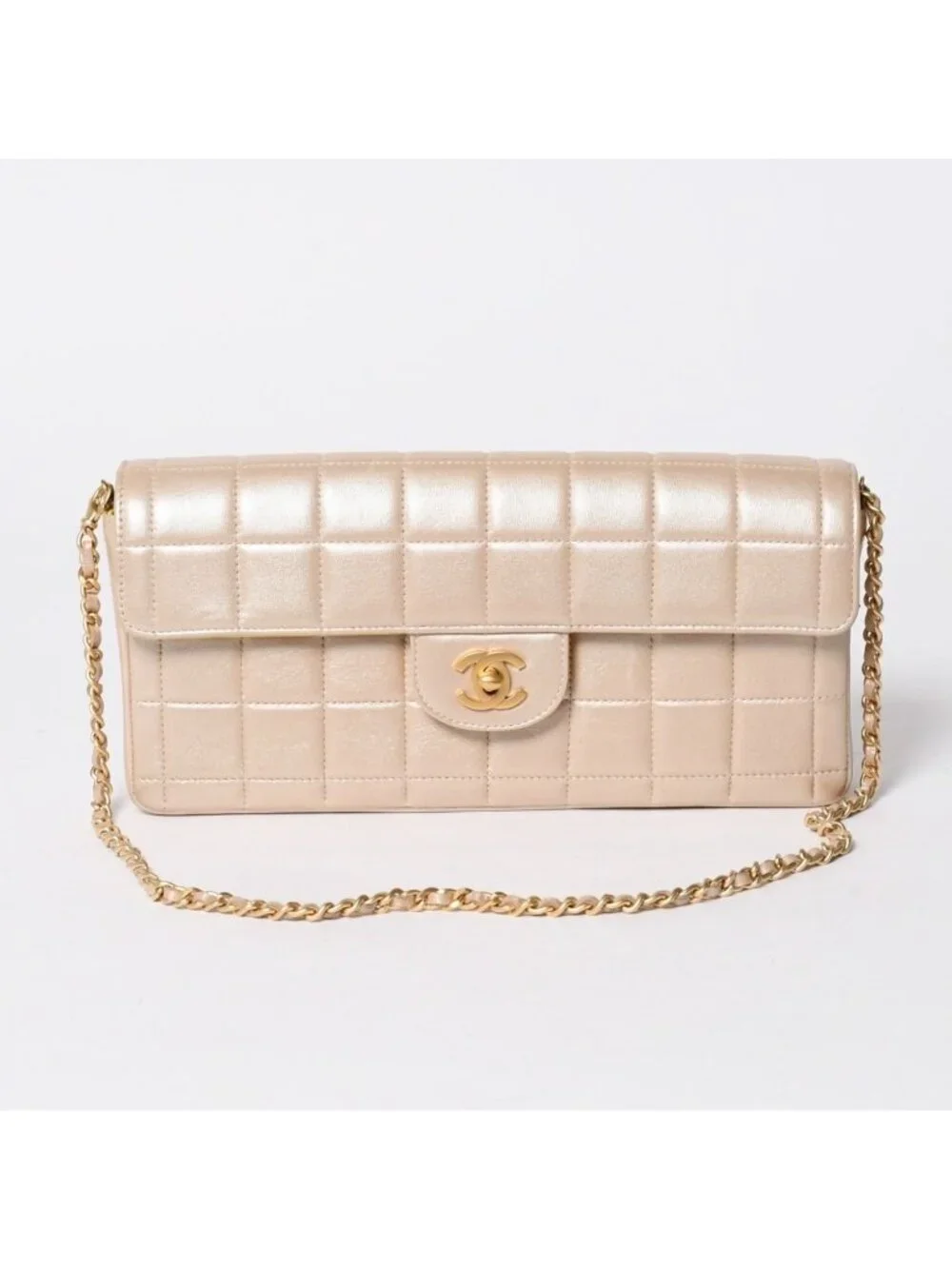 Chanel Choco Bar East West Chain Shoulder Bag CC Logo Lambskin Champagne Gold